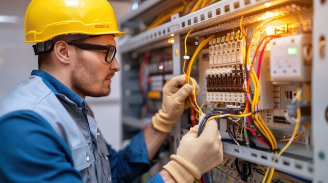 Electrician at Work, Worker in yellow hard hat connecting wires, Electrical Maintenance