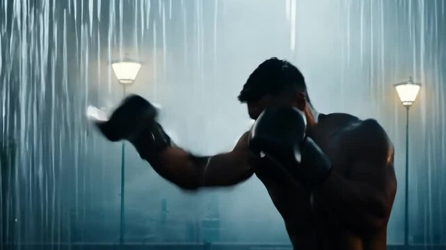 Athletic Man Shadow Boxing in the Rain Generative AI