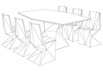 Chairs and Table Set Line Vector Illustration. Different Views of Modern Chair, Ideal for Furniture Design and Interior Concepts