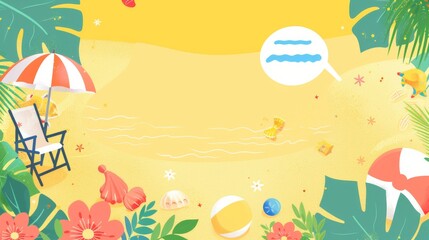 Summer sale promo with beach items like sand, flowers, umbrella, chair, and ball against a yellow background.
It's a vector illustration with space for text in a speech bubble.