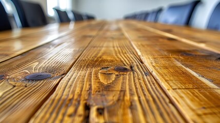 Close-up of a polished wooden conference table with chairs, highlighting the texture and natural grain of the wood.