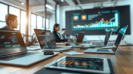 Modern office setting with laptops, professionals analyzing data, and a large screen displaying graphical charts, depicting a business meeting.