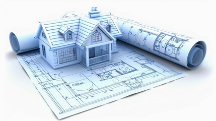 Detailed architectural blueprint with a 3D model of a house, showcasing design and planning in construction and real estate.
