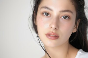 Naklejka premium close up face portrait of young pretty Asian woman with hazel eyes bright flawless skin, beauty cosmetic or skincare fashion portrait with copy space