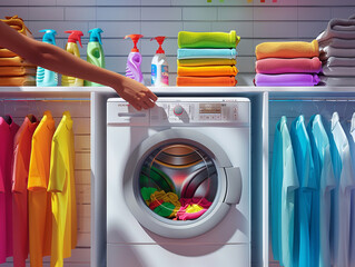 A person reaching to start a washing machine with organized cleaning supplies around, portraying cleanliness and domestic chores.