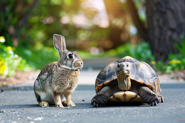 A rabbit and a tortoise on a path, representing the classic fable of the hare and the tortoise, illustrating the moral 'slow and steady wins the race.' © BetterPhoto