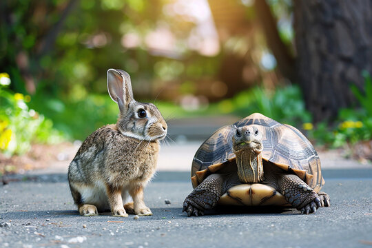 A rabbit and a tortoise on a path, representing the classic fable of the hare and the tortoise, illustrating the moral 'slow and steady wins the race.'