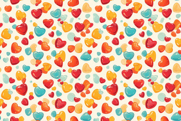 Seamless pattern with colorful heart shapes. The playful design features red, yellow, and blue hearts on a light background, perfect for cheerful and fun decor.