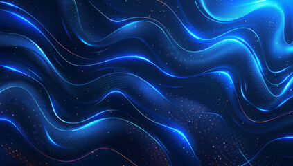 Abstract blue background with glowing neon lines and wavy shapes on the edges, creating an elegant tech-inspired wallpaper