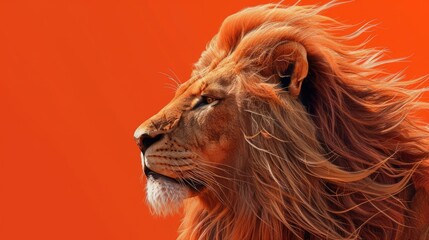 Naklejka premium Lion on orange background. African wild animal in savannah. Wildlife concept