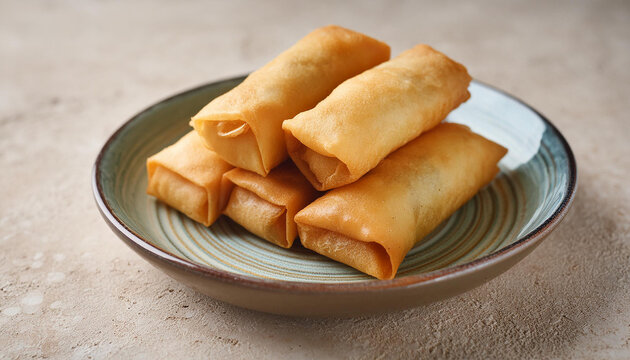 Crispy Filipino lumpia on plate, light cement table. Tasty food. Delicious meal. Culinary concept.