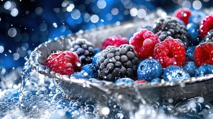 A bowl of berries and water with a blue background