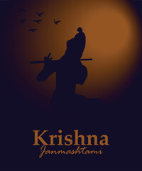 Vector krishna janmashtami greeting card design with holding flute illustration.
