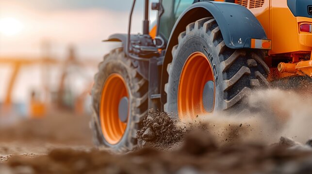Close-up of a tractor working on a construction site, highlighting its robust tires and the dusty environment at sunset.