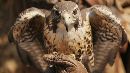 Obraz premium Close-up of a Majestic Falcon Perched on a Gloved Hand in Natural Habitat