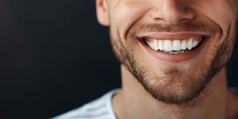 Obraz premium Young Man With Beautiful Smile On Black Background, Copy Space, Teeth Whitening, Closeup, Dentistry Clinic Advertising Concept