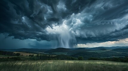 A clear and stunning a stormy sky with dark clouds and heavy rain falling over the landscape.