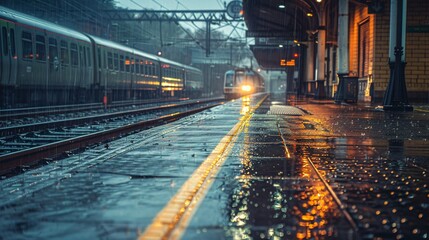 Stunning and detailed photograph of a train station platform with rain falling and the lights of an approaching train in the distance.