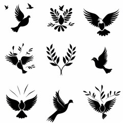 Fototapeta premium Peace dove graffiti, pigeons, twigs ink illustration. Flying birds silhouettes monochrome flat icons