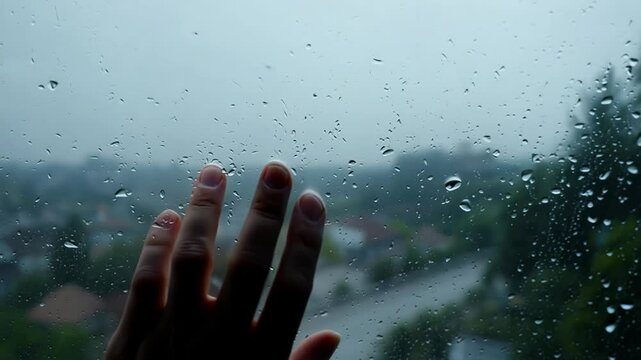 Hand Resting on Rainy Window Generative AI