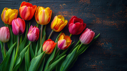 Colorful Tulip Arrangement: Vibrant Spring Flowers on Rustic Dark Wood