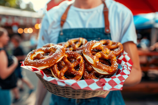 A close-up of a young man holding a basket with brezels at a festival
