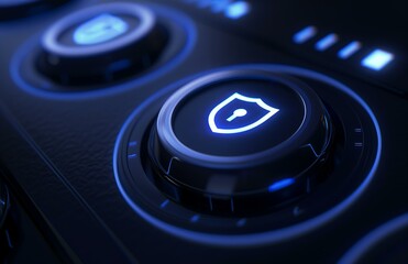 A close-up view of a sleek security control panel featuring illuminated blue buttons with a shield and lock icon design.