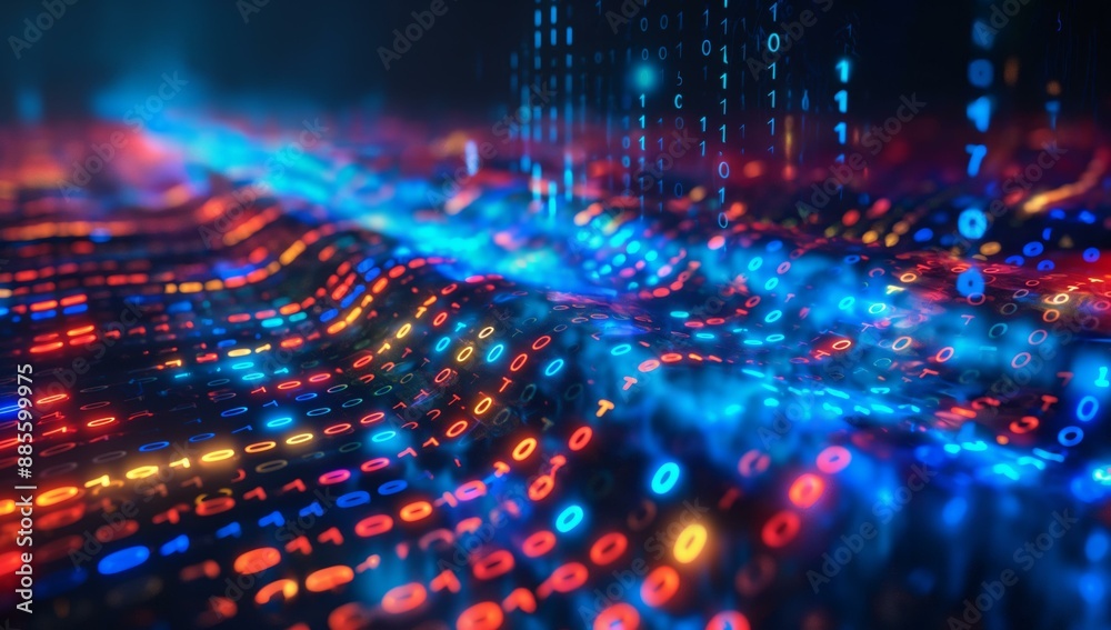 Aufkleber A vibrant digital landscape with flowing data streams of glowing binary code in numerous colors.