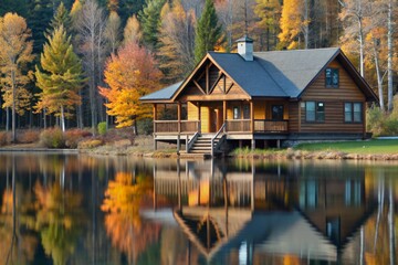 Fototapeta premium og cabin by lake in fall, surrounded by trees, water reflections, secluded lake house getaway