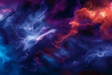 An abstract digital artwork featuring swirling colors and shapes. The image is dominated by deep blues, purples, and vibrant reds, creating a dynamic and ethereal visual effect.