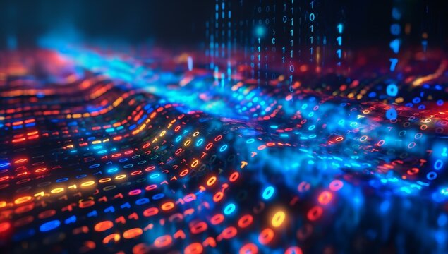 A vibrant digital landscape with flowing data streams of glowing binary code in numerous colors. - Powered by Adobe