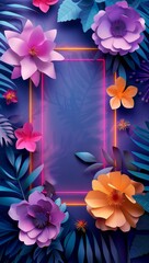 Obraz premium Colorful neon floral frame with vibrant paper flowers on a dark background