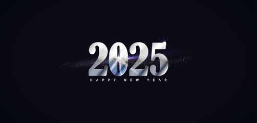 Silver Happy New Year 2025, text on a black background, elegant and festive design