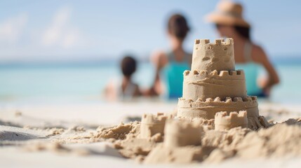 A family building sandcastles on a beach, illustrating the joy and playfulness of beach vacations.