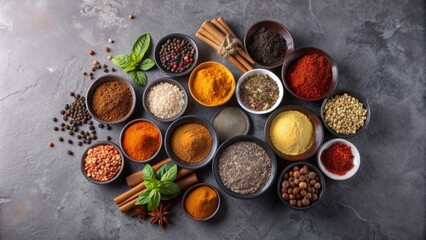 plates with different spices on a black background