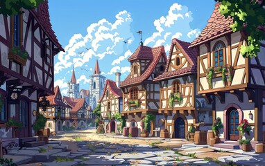 Fototapeta premium 2D Medieval Cartoon Landscape Scene