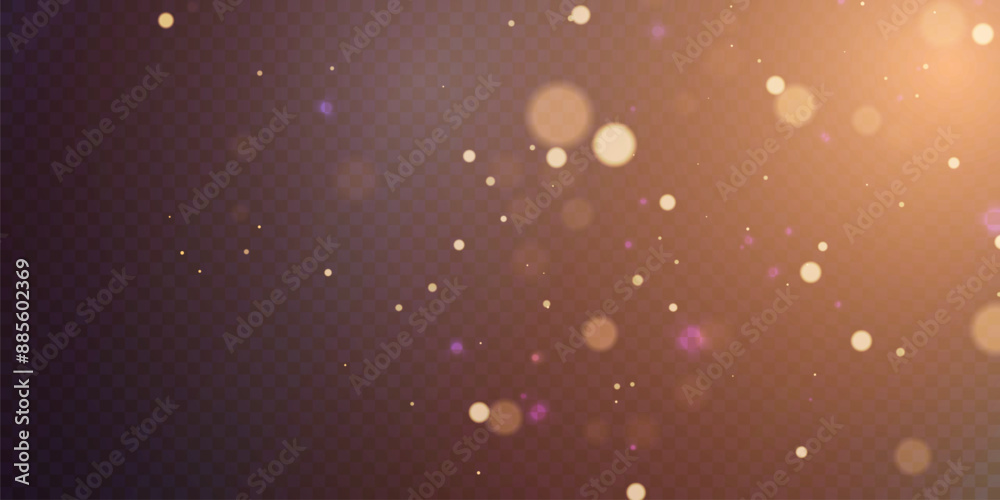 Poster light effect of golden bokeh of dust and glare. glowing particles isolated on a dark transparent bac