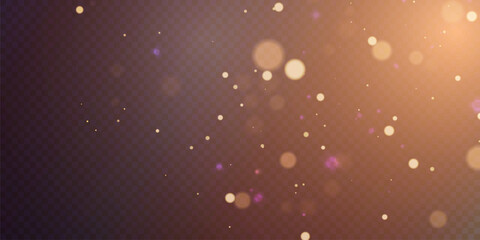 Light effect of golden bokeh of dust and glare. Glowing particles isolated on a dark transparent background.  Adobe Illustrator Artwork
