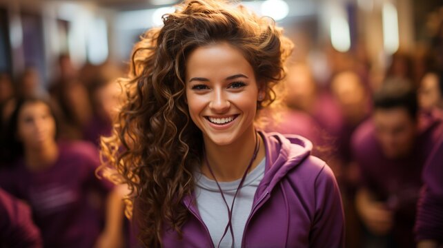 A girl in a purple tracksuit danced Zumba at the community center.