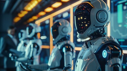 Fototapeta premium Business meeting with digital holograms: Presenters using AR glasses to showcase data analytics