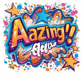 Colorful graffiti style 'Amazing' text with bright stars and splashes