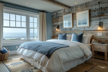 Hotel Room With Coastal Escape: Light colors, nautical decor, and views of the sea.