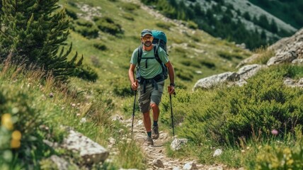Obraz premium A man in green hiking attire hiked up a rocky trail.