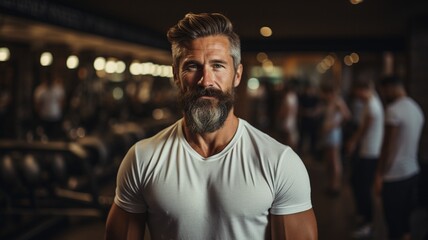 Fototapeta premium A man in his 30s, with a determined look, lifted kettlebells in a white-walled fitness studio.