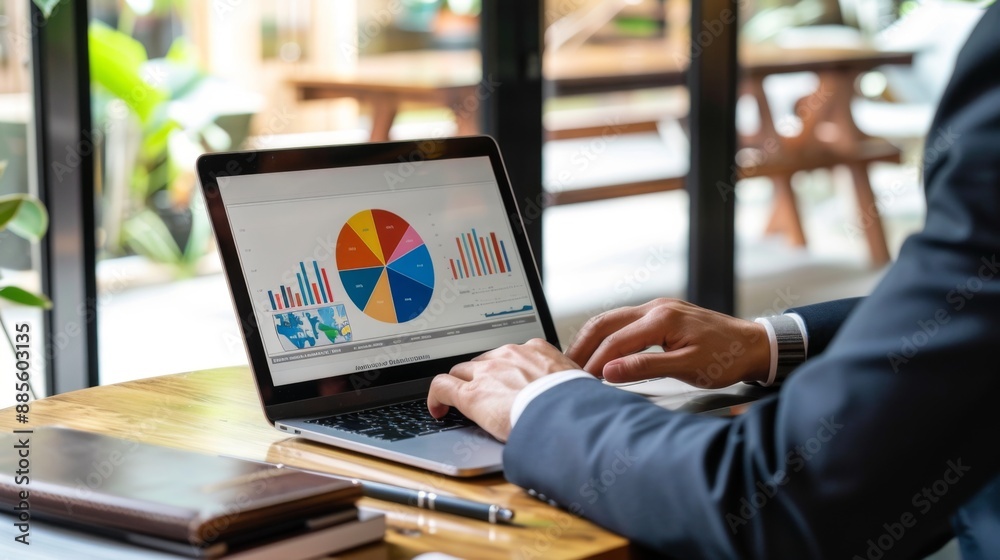 Poster A businessman analyzing a pie chart on a laptop screen in a modern office setting.