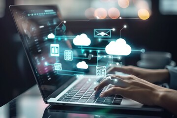 A person using a laptop with cloud storage icons and multiple file wraps around the screen, showing various data in clouds being accessible to a tablet or computer for many businesses Generative AI