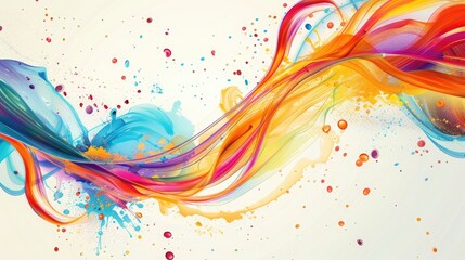 A colorful abstract design showing an explosion of circular liquid flow, with dynamic curved wave patterns and paint splatters on a white canvas.