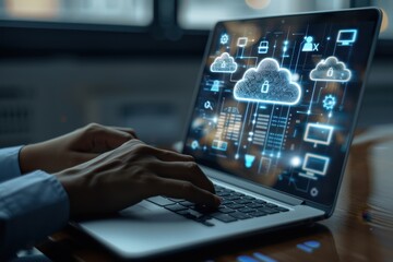 A person using a laptop with cloud storage icons and multiple file wraps around the screen, showing various data in clouds being accessible to a tablet or computer for many businesses Generative AI