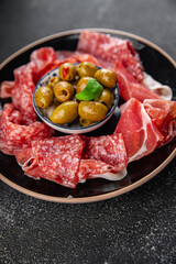 meat plate different types of meat salami, prosciutto, sausage, coppa natural food fresh appetizer meal food snack on the table copy space food background rustic top view