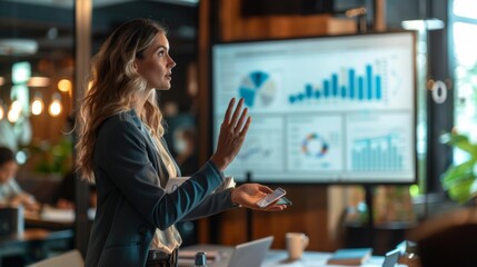 A businesswoman giving a presentation on financial growth and investment opportunities to colleagues.
